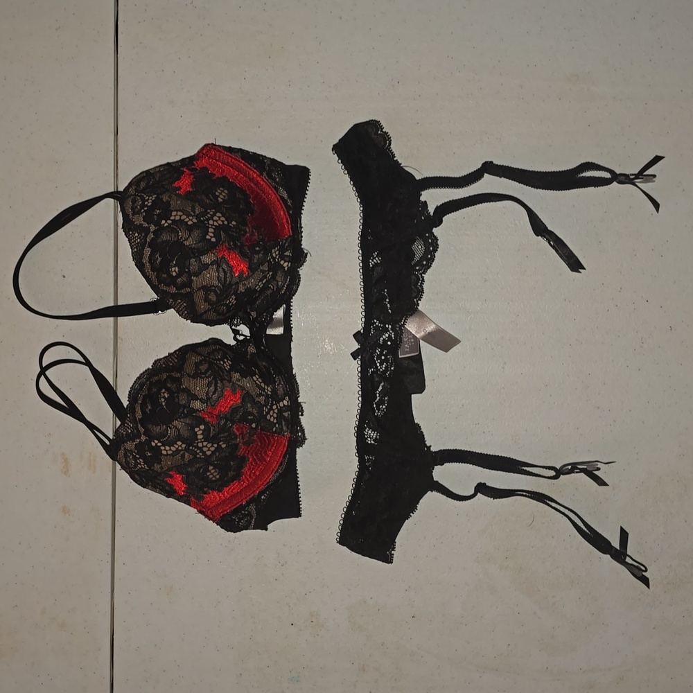 Victoria's Secret Black and Red Lace Bra with Garter Belt